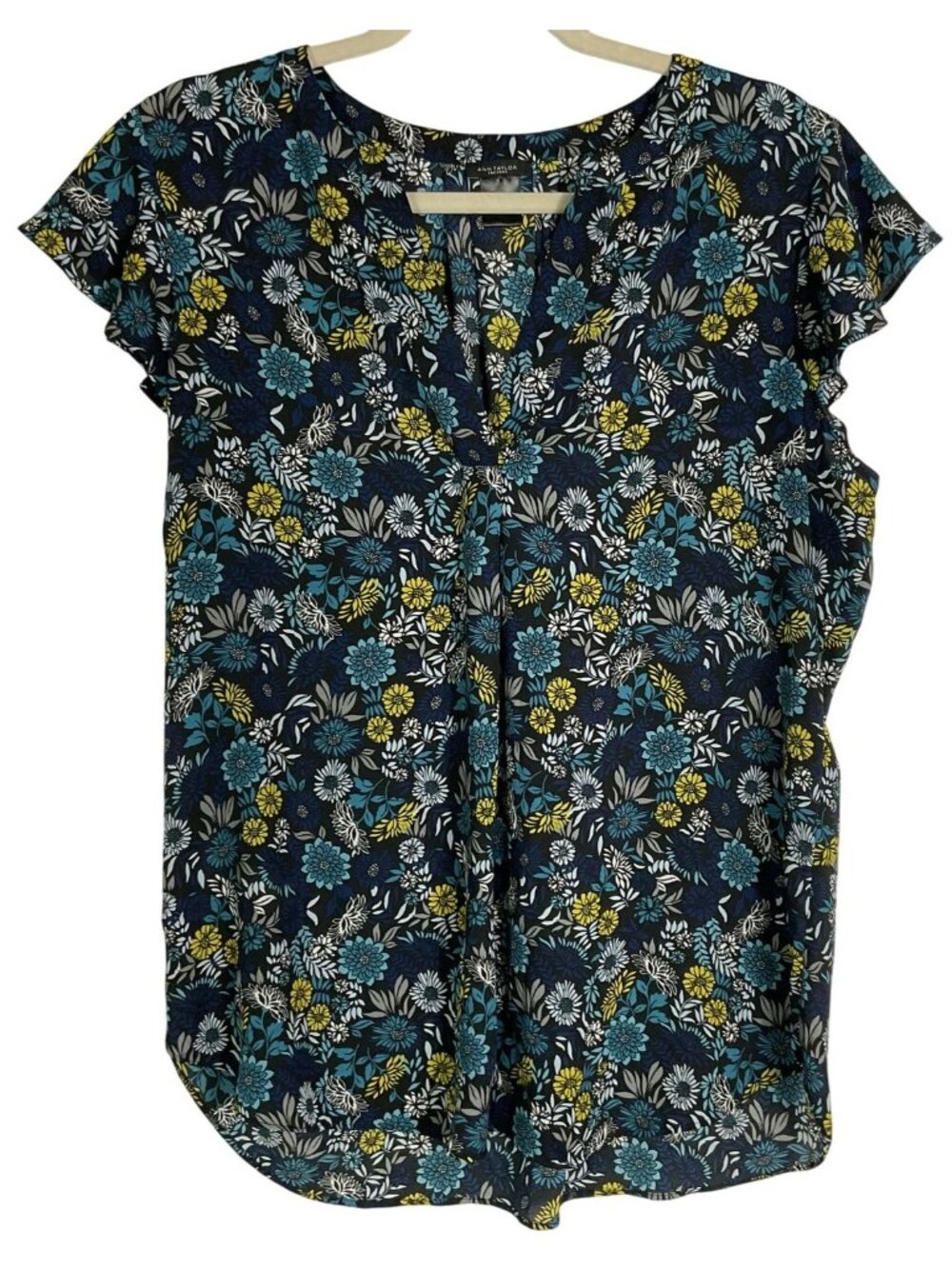 Ann Taylor Factory Navy Floral Flutter Sleeve Blouse V Neck Large